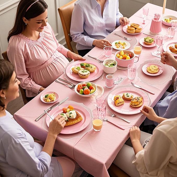 Set of 4 Cotton Linen Placemats, 15x15 Round Scalloped Cloth Table Mats, Embroidery Machine Washable, Wrinkle Resistance Fabric Place Mats for Wedding Summer Baby Shower Party Table Decor-Pink