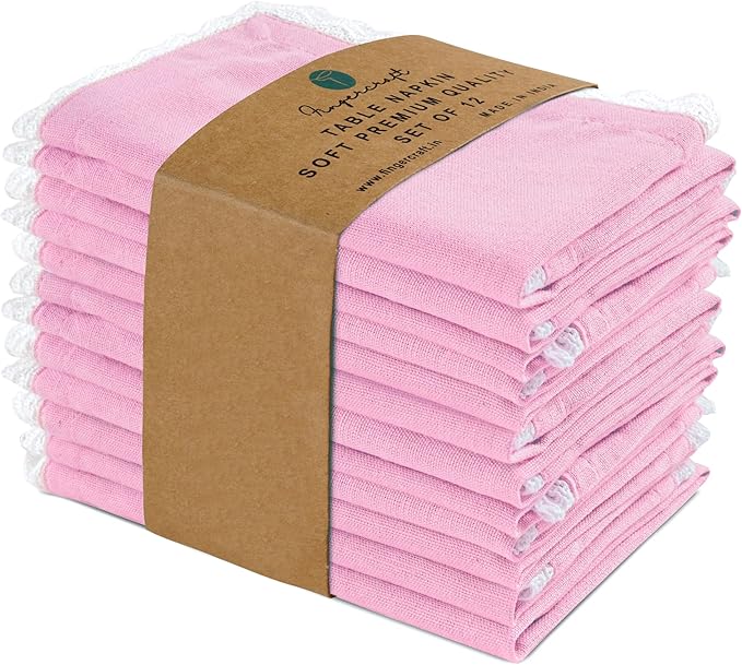 Fingercraft Dinner Cloth Napkin Cotton Linen Blend 12 Pack 12In Mitered Corners with Elegant Lace for Everyday Use Napkins Cloth are Pre Shrunk and Good Absorbency Pastel Rose Easter Color