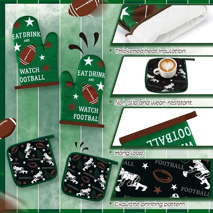 Fourluoo 10 Pcs Football Kitchen Decor Oven Mitts and Pot Holders Sets Football Dish Towels Pot Holders Sports Kitchen Rugs and Mats for Women Reusable Cooking Grilling Accessories Mom Gift