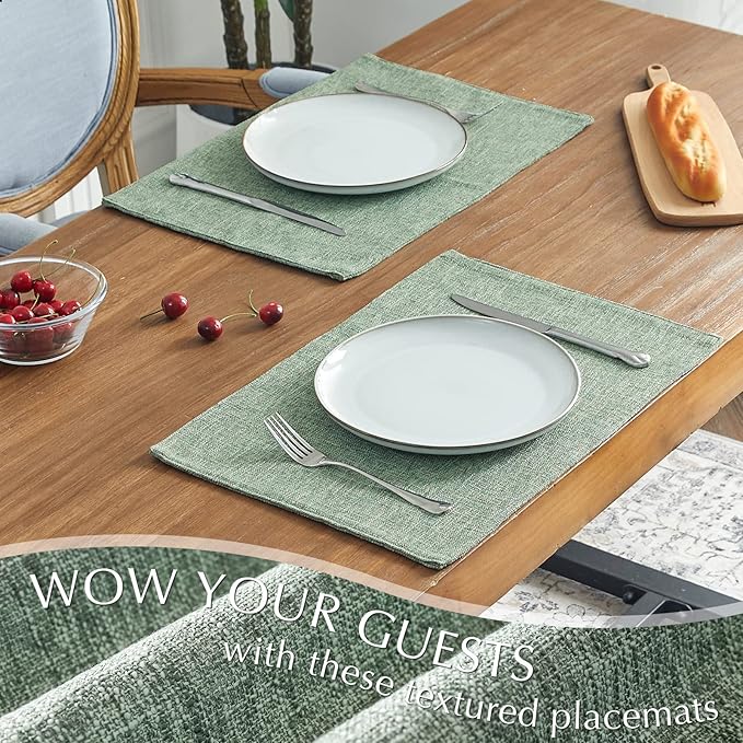 JINCHAN Cloth Placemats Set of 4 Faux Linen Place Mats Burlap Textured Fabric Table Mats Farmhouse Placemats for Dining Home Decor Double Layer Tablemats 13x19 Inch Heathered Green