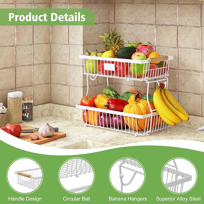 2 Tier Fruit Basket for Kitchen Counter with 2 Banana Hangers, Countertop Metal Bread Basket with Wooden Handle, Large Storage Stand for Vegetables, Snacks, Eggs, Produce Storage – White