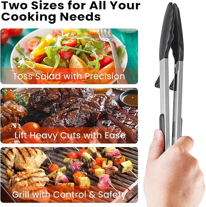 Kitchen Tongs Set of 2 (9” & 12”) – Stainless Steel & Silicone Cooking Tongs with Built-in Stand & Dishwasher Safe – Heat Resistant up to 600°F – Perfect for Grilling, BBQ, Salad & Frying