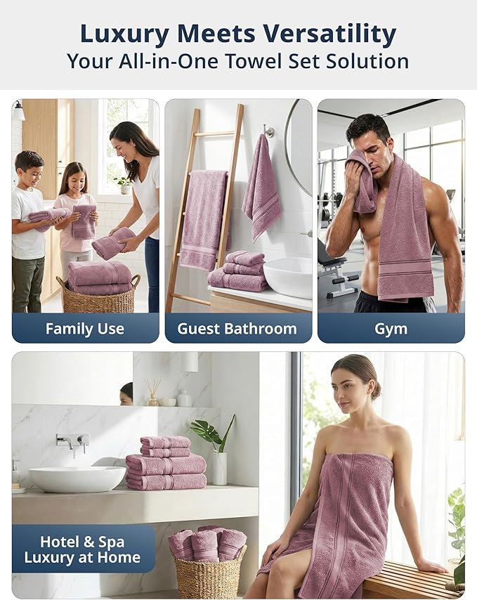 LANE LINEN Luxury Bath Towel Set - 6 Piece Set, 100% Cotton Bathroom Towels, Zero Twist, Quick Dry Shower Towels, Absorbent Towel, 2 Bath, 2 Hand, 2 Wash Cloths - Wishful Mauve
