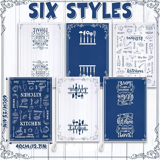 Bencailor 6 Pcs Blue White Kitchen Towels Decorative Sets Dish Towels Absorbent Fast Drying Hand Tea Vintage Hanging Reusable Cleaning Dishcloths for Cooking Farmhouse Bathroom Accessory