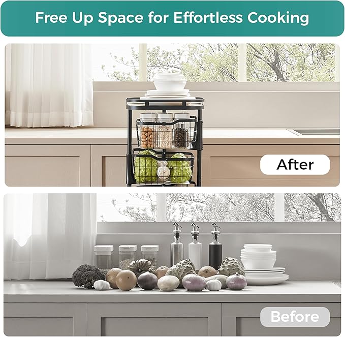 4 Tier Kitchen Fruit Vegetable Storage Cart with One-Piece Rotating Basket, Pantry Organizer Shelf Rack Floor Stand for Veggie Onion Potato Produce Spice, Rolling Snack Cart on Wheels, Black
