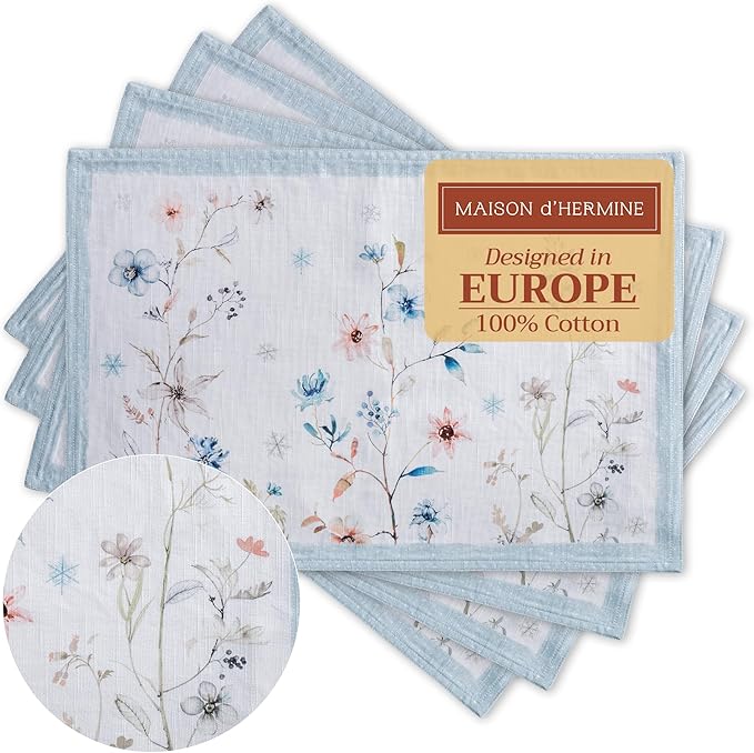 Maison d' Hermine Placemats Set of 4 100% Cotton Washable Cloth Place Mats, Reusable Table Mats for Thanksgiving Christmas Decorations Kitchen Dining Party Wedding Restaurant (Ice Florals, 13" x 19")