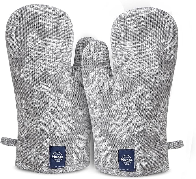 Encasa XO Oven Gloves Heat Resistant | Microwave Cooking Mittens for Baking & Kitchen Use | 12x7 in | Cotton Utensil Holder - Chambray Fabric (Pack of 2, Grey)