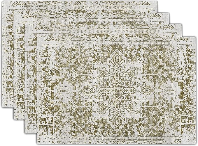 Gray Olive Green Boho Placemats Set of 4 Ethnic Bohemian Carpet Place Mats Washable Kitchen Dining Vintage Grey Geography Floral Linen Table Mats Stain Heat-Resistant for Home Party Indoor 12x18 in