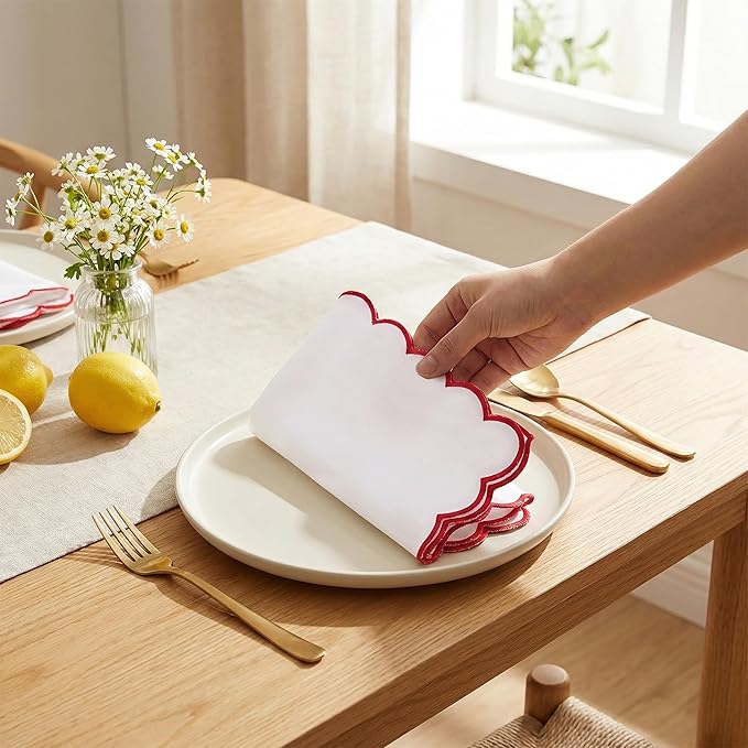 PurpleEssences Scalloped Embroidery Cloth Napkins - Spring Easter Summer - Table Decor - 100% Cotton - Set of 4-18x18 inch - White - Edges - Red