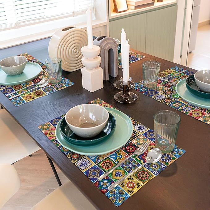 Mexican Talavera Tile Linen Placemats Set of 4, Colorful Place Mats for Dining Table, Heat-Resistant Washable Non-Slip Table Mats, Spring Easter Gifts for Festival Culture Lovers, Kitchen Home Decor