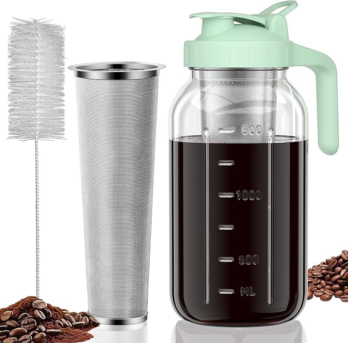 JunVpic Cold Brew Coffee Maker Jar - 64oz Thick Glass Multipurpose Mason Pitcher Spout Lid with Handle & Stainless Steel Filter for Iced Coffee, Lemonade, Ice Tea, Homemade Fruit Drinks Container