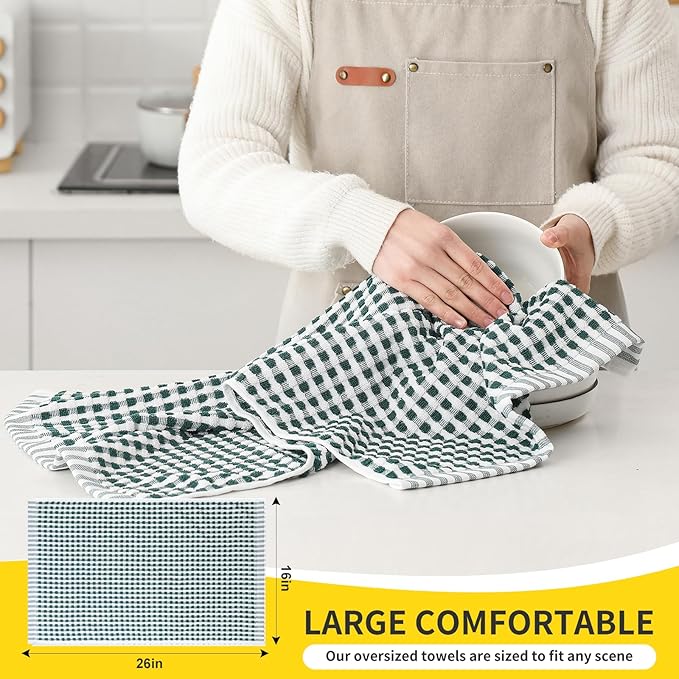 SALAS Cotton Dish Towels Cloths for Kitchen Drying Dishes, Lattice Terry Kitchen Towels, Highly Absorbent Kitchen Cloths with Hanging Loop, 16‘’ x 26‘’, 4 Packs, Green