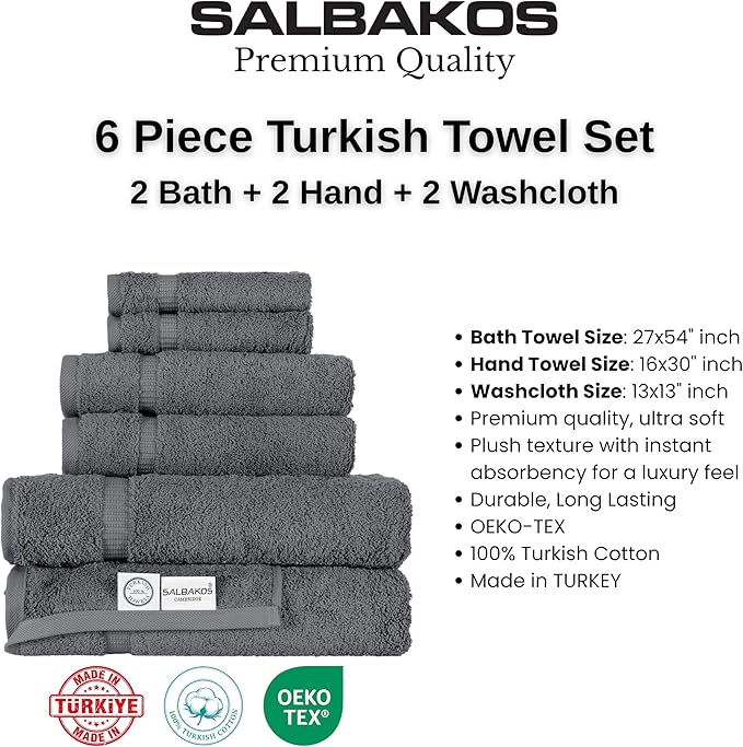 SALBAKOS 100% Turkish Cotton Towel Set of 6 Piece Gray | Premium Quality Hotel & Spa Collection 2 Washcloth, 2 Hand, 2 Bath Towel Sets for Bathroom | Made in Turkey (Gray, 6 Piece Towel Set)