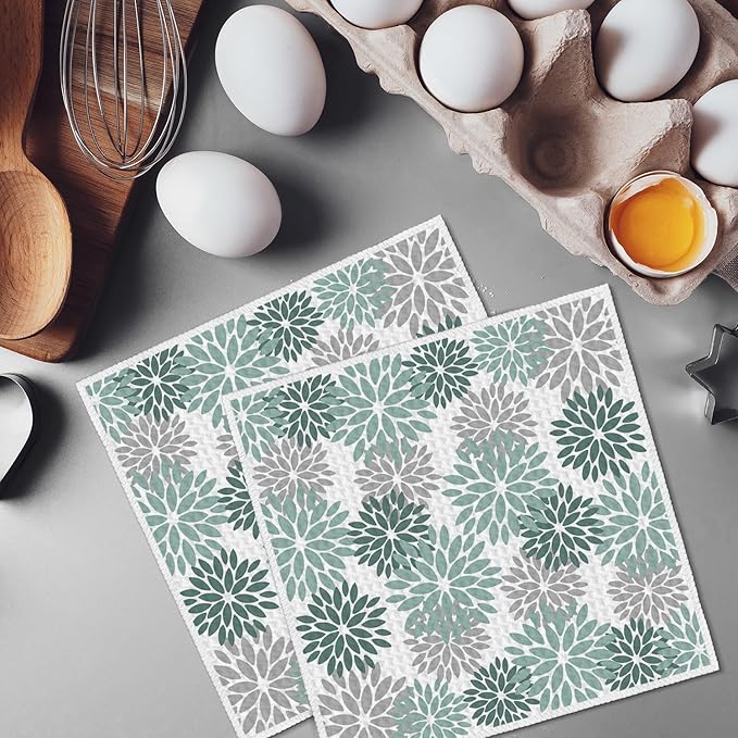Artoid Mode Green Dahlia Floral Kitchen Dish Cloths, 12x12 Inch Quick Dry Microfiber Dishcloths for Kitchen Premium Dish Rags Set of 2