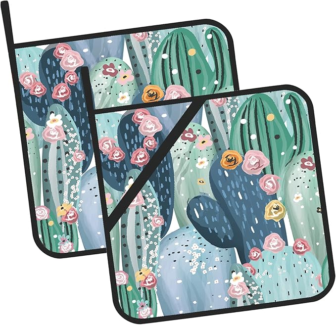 Pastel Cactuses,Succulents,Cacti Pot Holders Set of 2 Kitchen Heat Resistant Potholder for Microwave Cooking Baking Oven End Dishes and BBQ