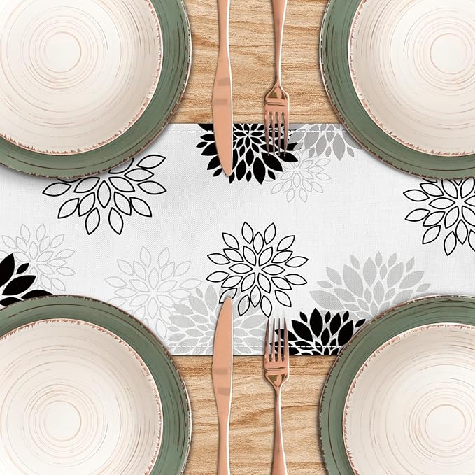 Dahlia Flower Table Runner 13x90 Inch Farmhouse Blue Gray Runners Modern Table Decorations Rustic Geometric Coffee Table Runner for Home Kitchen Dining Room Party (13"x90", Dahlia Floral-Black)