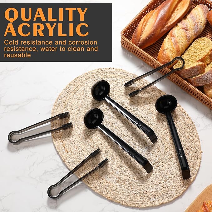 6 Pieces Plastic Serving Utensils Set Including 3 Pcs 1 oz Small Ladle and 3 Pcs Tong Acrylic Long Handle Ladle for Serving Sauce, Soup, Dressing, Punch Bowl, Gravy for Party Banquets Catering(Black)