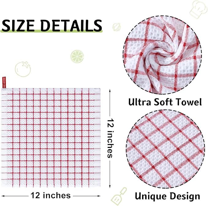 Homaxy 100% Cotton Dish Cloths, 12 Pack-12 X 12 Inches, Check Design Waffle Weave Dish Rags for Washing Dishes, Ultra Absorbent and Fast Drying Dishcloths, Red
