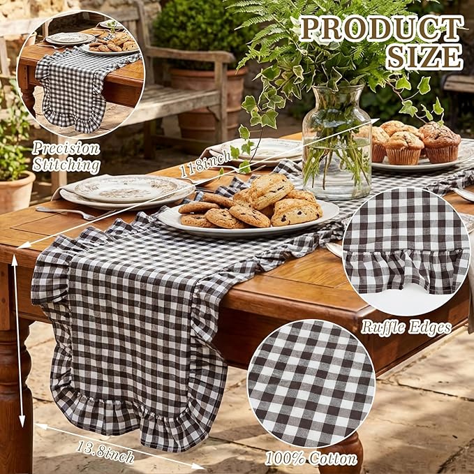 HunnmingRe 1 Pcs Dark Brown Plaid Gingham Ruffle Table Runner 118 x 13.8'' Farmhouse Table Runner 100% Cotton Scalloped Long Dresser Scarves for Dining Room, Wedding, Kitchen Rustic Home Decor