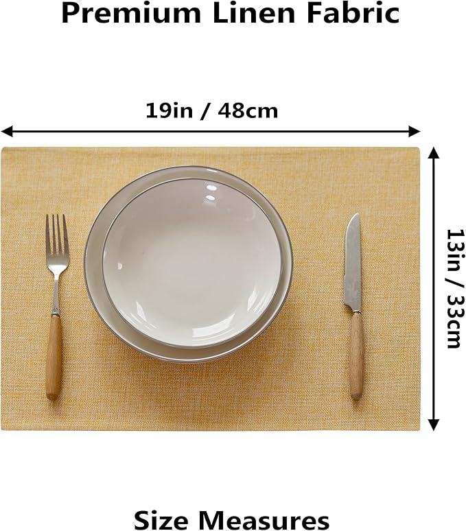 Demetex Placemats Set of 6 Yellow Linen Table Mats Heat Resistant Cloth Place Mats for Dining Room Kitchen Tables, Yellow