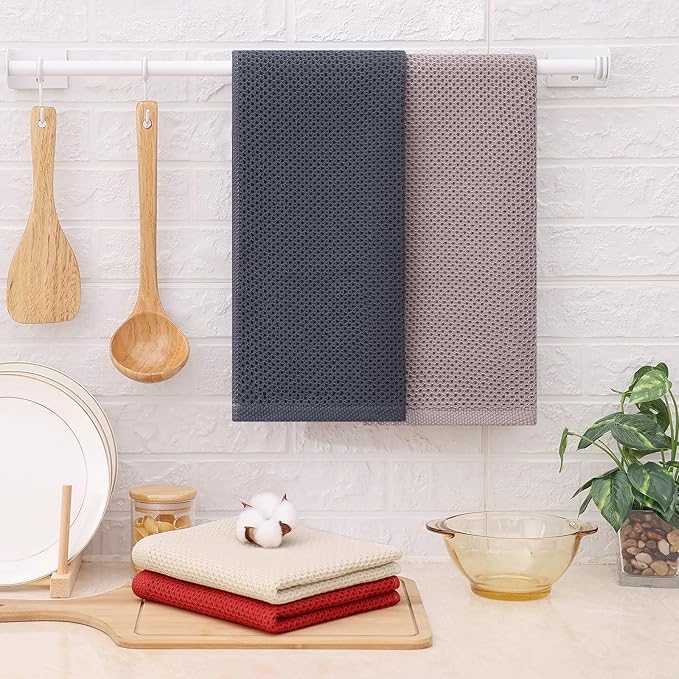 Kitinjoy 100% Cotton Waffle Weave Kitchen Hand Towels (13 x 28 Inches, Multicolor), 4-Pack Super Soft and Absorbent Dish Towels for Drying Dishes