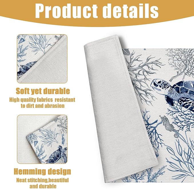 Watercolor Turtle Placemats Set of 6, Nautical Coastal Coral Shell Linen Place Mat Washable Stain Resistant Table Mats for Farmhouse Kitchen Decor 12x18 Inch