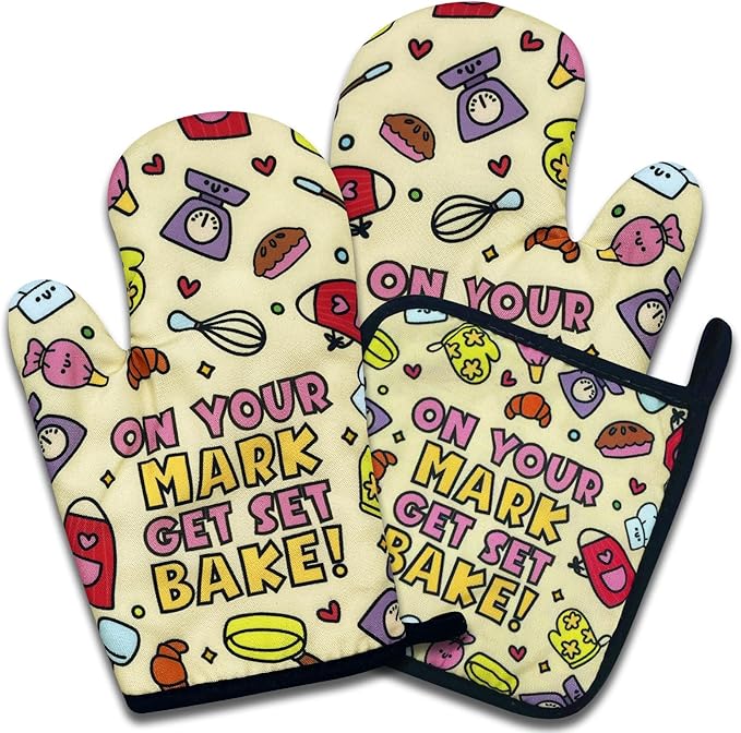 Funny Baking Oven Mitts and Pot Holders Set of 3, On Your Mark Get Set Bake, Heat Resistant Non-Slip Kitchen Mitts Hot Pads, Bake Lovers Gifts, Housewarming Gifts for Women Hostess Mom Wife