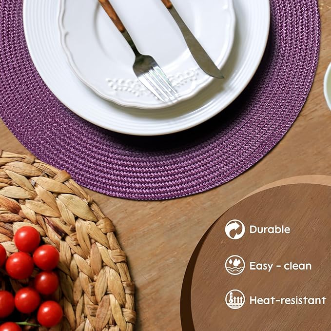 FunWheat Round Braided Placemats Set of 4 Table Mats for Dining Tables Woven Washable Non-Slip Place mats 15 inch(Purple,4pcs)