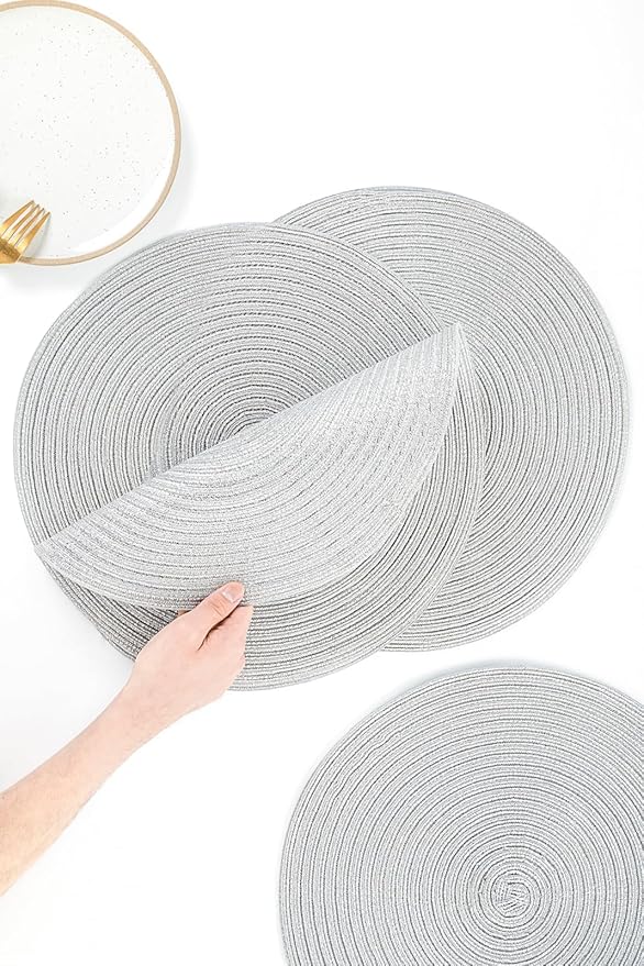 Floroom 15 Inch Round Braided Placemats Set of 4, Washable Heat Resistant Cotton Polyester Circle Place Mats for Kitchen Dining Table - Shimmer Silver
