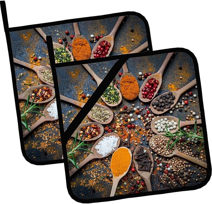 Colorful Spices and Herbs Pot Holders Set of 2,Kitchen Heat Resistant Potholder for Microwave Cooking Baking Oven and BBQ