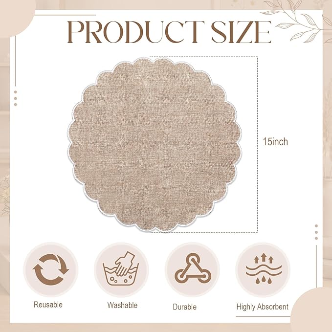 Set of 12 Beige Cotton Placemats 15 Inch Round Scalloped Embroidery Placemats Washable Double Layered Rustic Table Mat Fabric Napkins for Wedding Table Decor