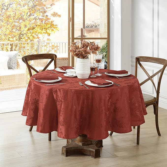 Elrene Home Fashions Elegant Woven Leaves Jacquard Damask Wrinkle Resistant Tablecloth, 60" x 84", Oval, Spice Red