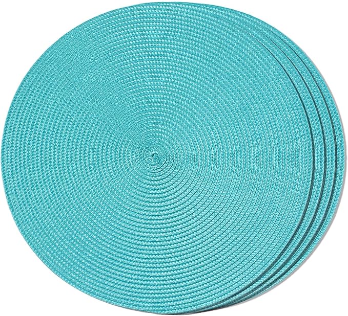 FunWheat Round Braided Placemats Set of 4 Table Mats for Dining Tables Woven Washable Non-Slip Place mats 15inch (Turquoise, 4pcs)