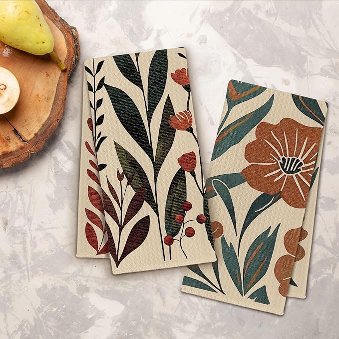 Vintage Boho Floral Kitchen Towels, Abstract Wildflower Botanical Dish Towels Drying Cloth for Kitchen, Mid Century Modern Boho Hand Towels for Bathroom, 16x24 Inch Set of 2