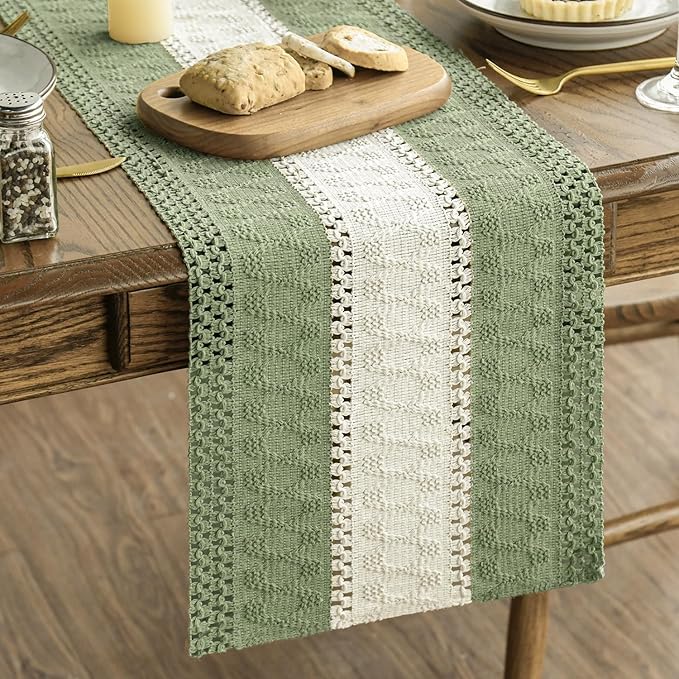 Artoid Mode Light Green Farmhouse Rustic Table Runner, Seasonal Hollow Kitchen Dining Table Decoration for Home Party Decor 12x120 Inch