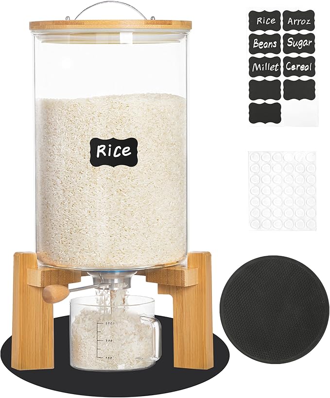 14-16 lbs Glass Rice Dispenser with Wooden Stand Flour and Cereal Container with Glass Measuring Cup & Labels & Slider mat Pantry Food Organization Storage Bin with Airtight Bamboo Lid, 8L