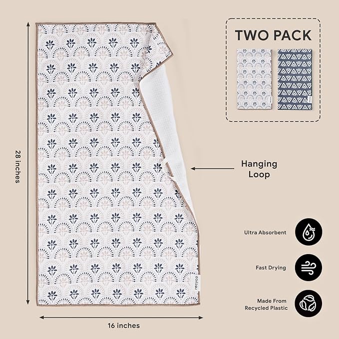 RECYCO Waffle Kitchen Towel Set of 2 - Quick Dry Microfiber Sustainable Dish Towels - Ultra Absorbent Reusable Cleaning Tea Towels - Lightweight Hand Towels,16”x 28”, Neutral Boho
