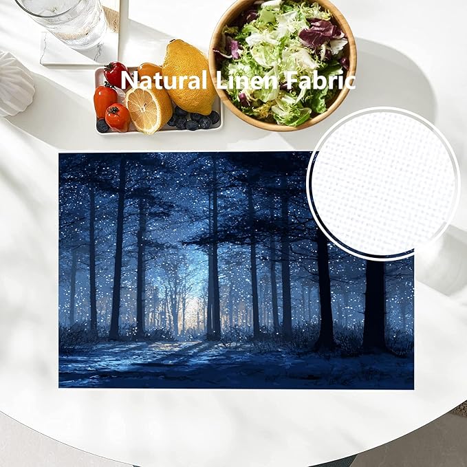 Batmerry Snowy Forest Placemats, Starry Night Forest Scene Washable Linen Table Mats for Kitchen Table Double Insulation Decor Dining Set Indoor Outdoor 12X18 in Set of 4