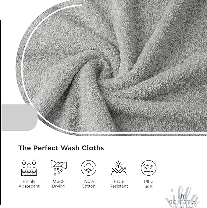 100% Cotton Wash Cloth for face & Body Set of 12, (12 x 12 inches) Sustainable, Soft, Highly Absorbent, Combed Cotton Wash Cloths Pack of 12 for Hotels, Spa, Bathroom, Dorm, Silver