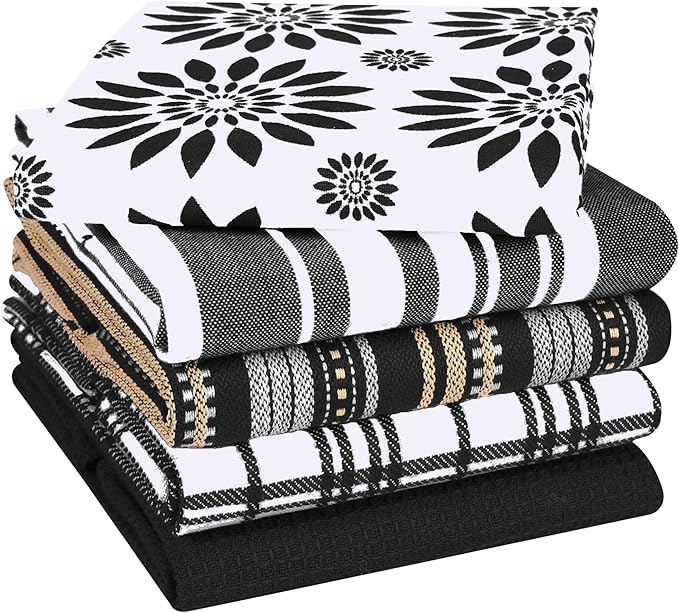 Assorted Kitchen Towels Large 16x26 inches 100% Cotton Set of 5 - Soft Absorbent Washable Tea Towel for Kitchen - Dish Cloths with Hanging Loop - Quick Drying Dish Towels Black
