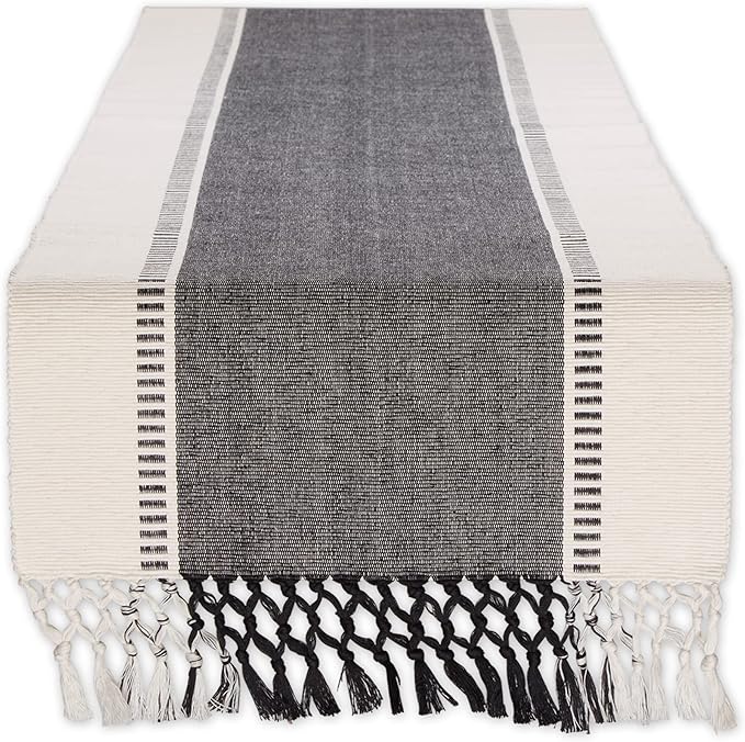 DII Dobby Stripe Woven Table Runner, 13x72 (13x77.5, Fringe Included), Black