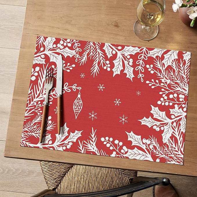 Artoid Mode Red Weed Wild Flower Vinyl Plastic Placemats Set of 4, 12x18 Inch Woven Washable Non-Slip PVC Place Mats for Party Kitchen Dining Decor