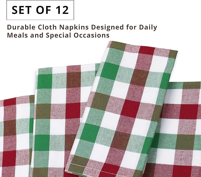 PurpleEssences Buffalo Plaid Cloth Napkins - Mitered Corners - Spring Easter Summer - Gingham Check Dinner Napkin - Set of 12-100% Cotton - 18x18 Inch - Reusable Washable - Red Green White