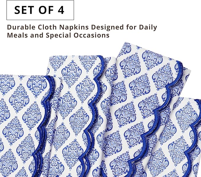 PurpleEssences Scalloped Embroidery Cloth Napkins - Spring Easter Summer - Table Decor - 100% Cotton - Set of 4-18x18 inch - Floral Paisley Edges - Blue