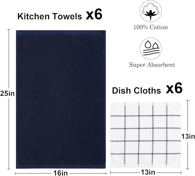 12 Pack Kitchen Towels and Dishcloths Set, 100% Cotton Soft and Absorbent Kitchen Towels 16 x 25 inche & 13 x 13inche Dishcloths