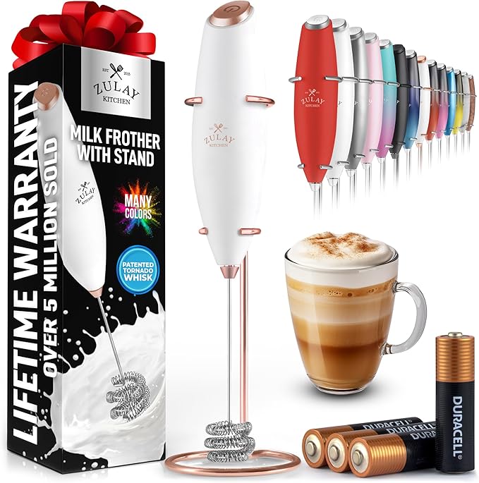 Zulay Kitchen Patented Tornado Triple Whisk Milk Frother with 4 Duracell Batteries – Handheld Foam Maker for Coffee, Lattes, Matcha & Hot Chocolate – Rich, Creamy Froth in Seconds - Gold Rose