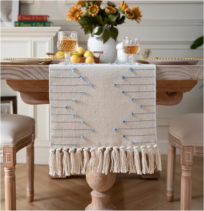 Boho Table Runner 13 x 72 Inch Long Natural Cotton Woven Runner with Tassels for Home Dining Table décor, for Modern Farmhouse Decor Coffee Table Runner, Light Blue and Beige