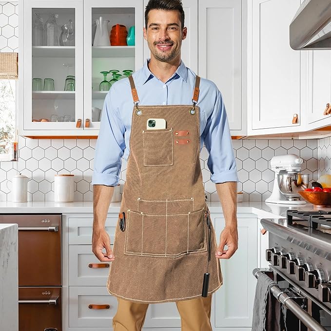 Canvas Work Apron,Cross Back Aprons for Men,Women,Cooking,Carpenter,Woodworking,Chef,BBQ,Grilling,Bartender