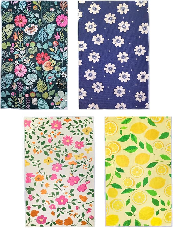 18” x 30” Highly Absorbent Kitchen Towels, Quick Dry Microfiber Tea Towel, Dish Towels for Kitchen Drying, Ultra Soft Premium Hand Towels (Floral 4 Pack)