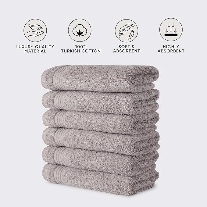 Classic Turkish Towels CTT - Premium 6 Piece Hand Towels Set, 100% Turkish Cotton, Quick Dry & Comfy Towels for Hotel & Spa, Highly Absorbent | 16"x27"(Light Grey)
